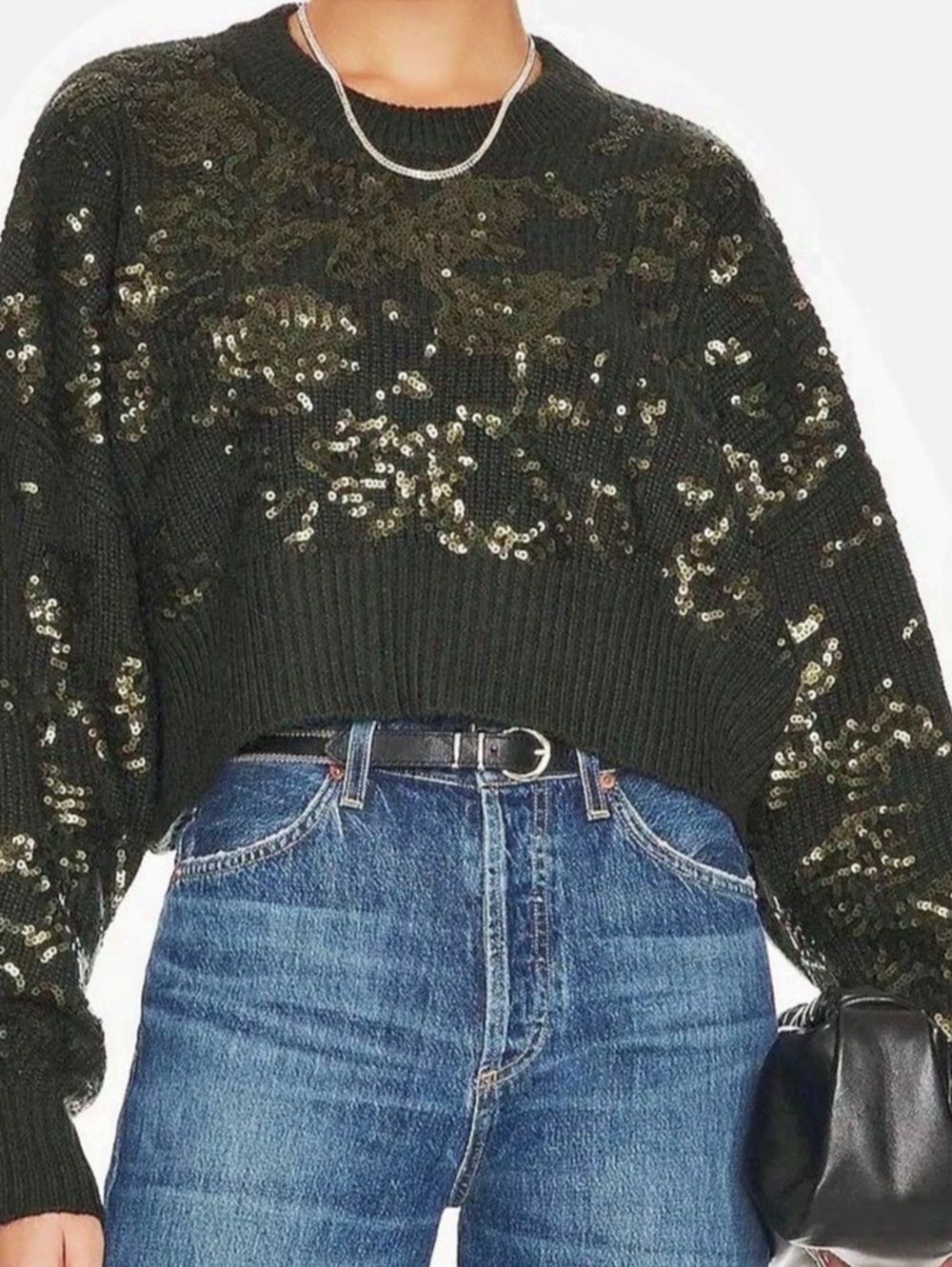 rag & bone Liza Sequin Detail Wool Oversized Cropped Sweater Green & Gold NWT